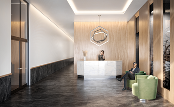 A rendering of a lobby with a reception desk and chairs